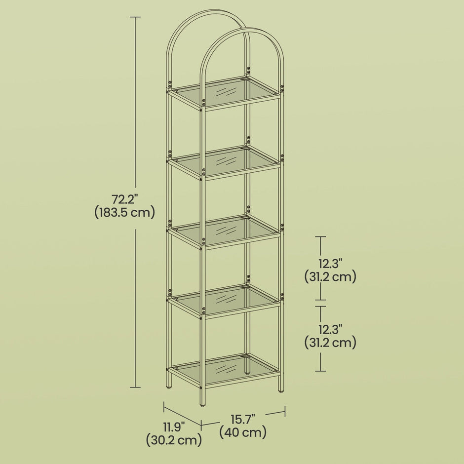 5-Tier Storage Rack – Tempered Glass – Clear – Arched Design with Steel Frame