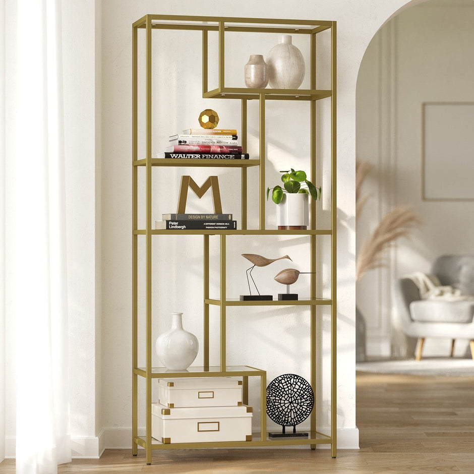 Tall Bookcase – Tempered Glass – Gold – 6-Tier Shelving Unit for Living Room, Study, and Office