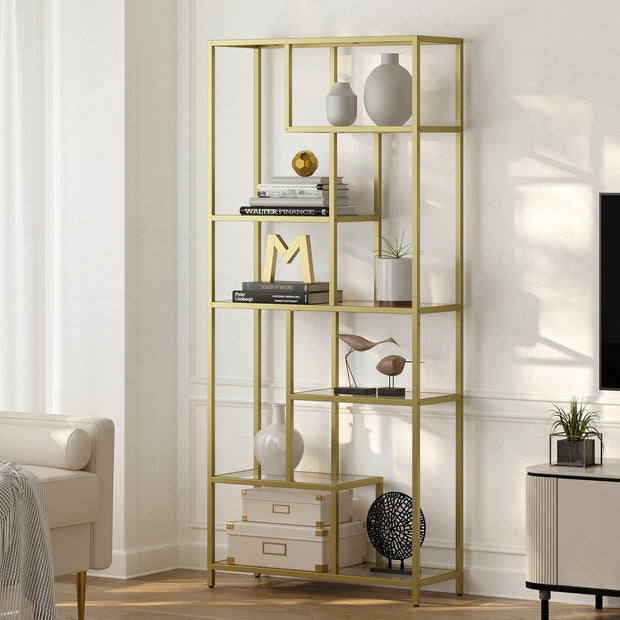Tall Bookcase – Tempered Glass – Gold – 6-Tier Shelving Unit for Living Room, Study, and Office