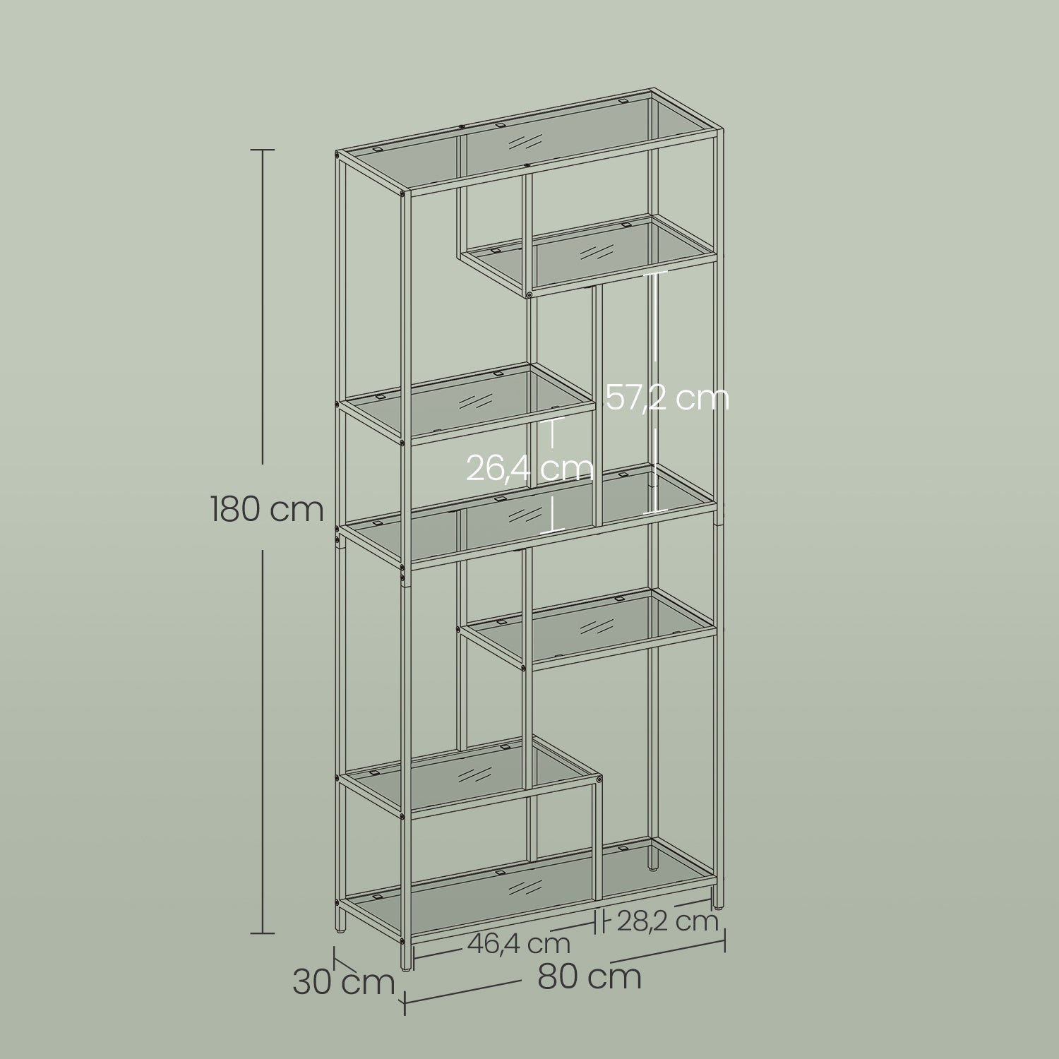 Tall Bookcase – Tempered Glass – Gold – 6-Tier Shelving Unit for Living Room, Study, and Office