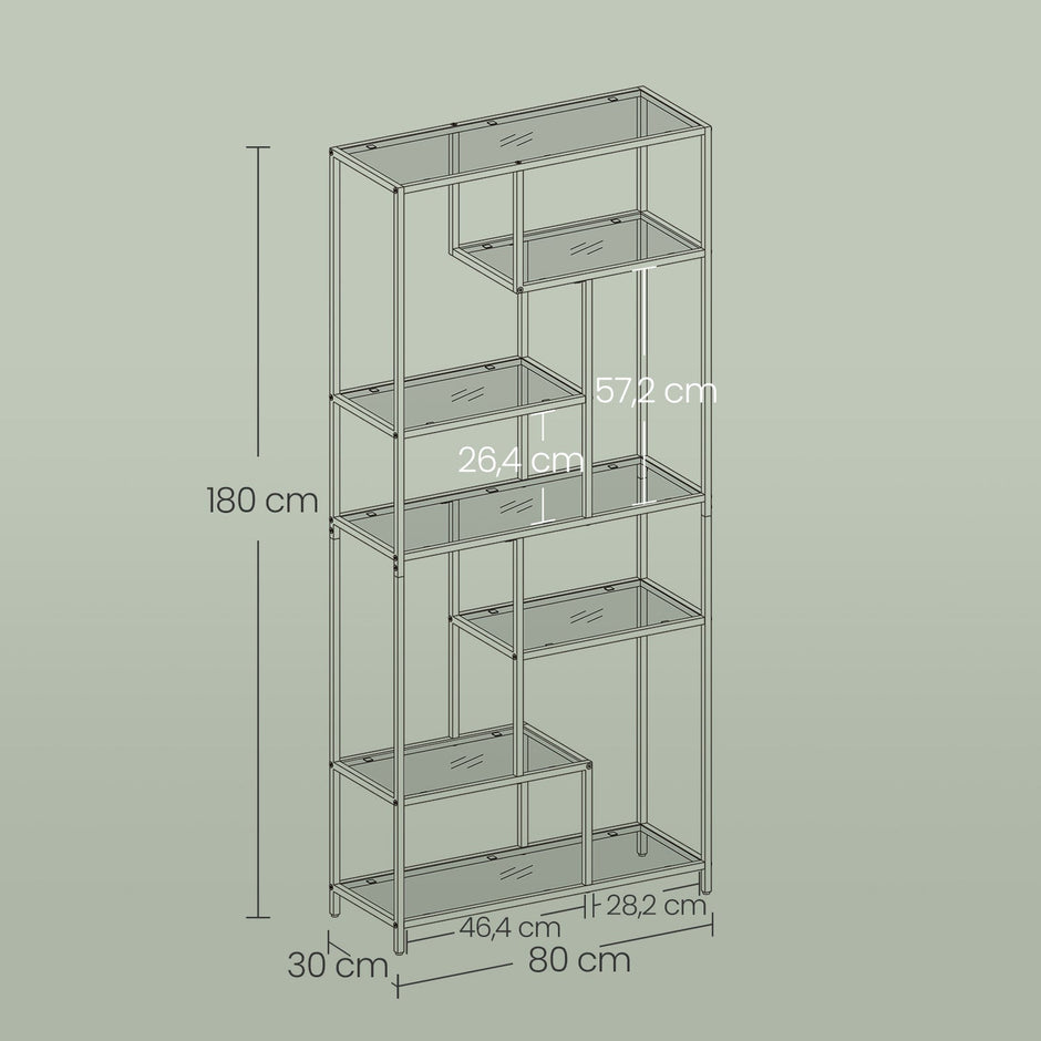 Tall Bookcase – Tempered Glass – Gold – 6-Tier Shelving Unit for Living Room, Study, and Office