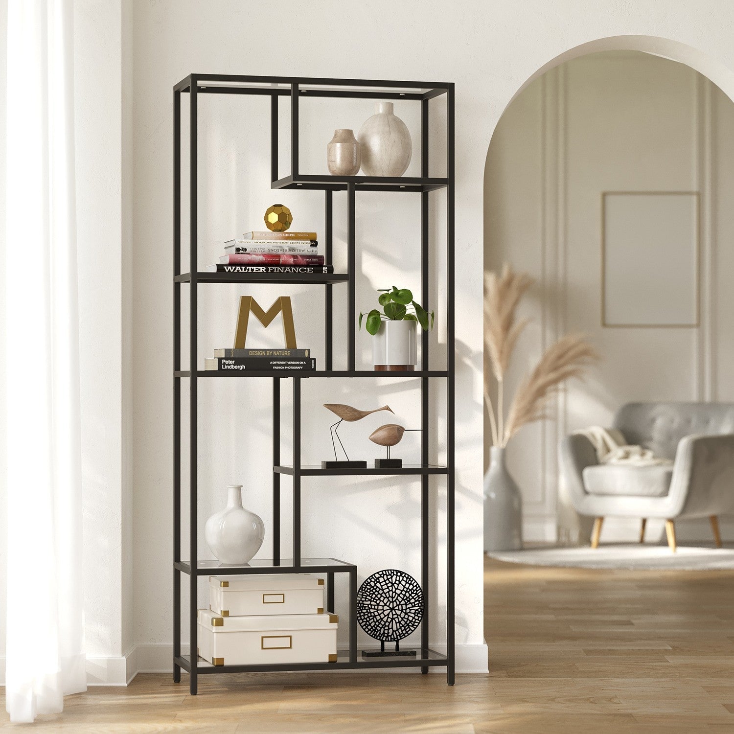 Tall Bookcase – Tempered Glass and Steel – Black – 6-Tier Shelving Unit for Living Room and Study