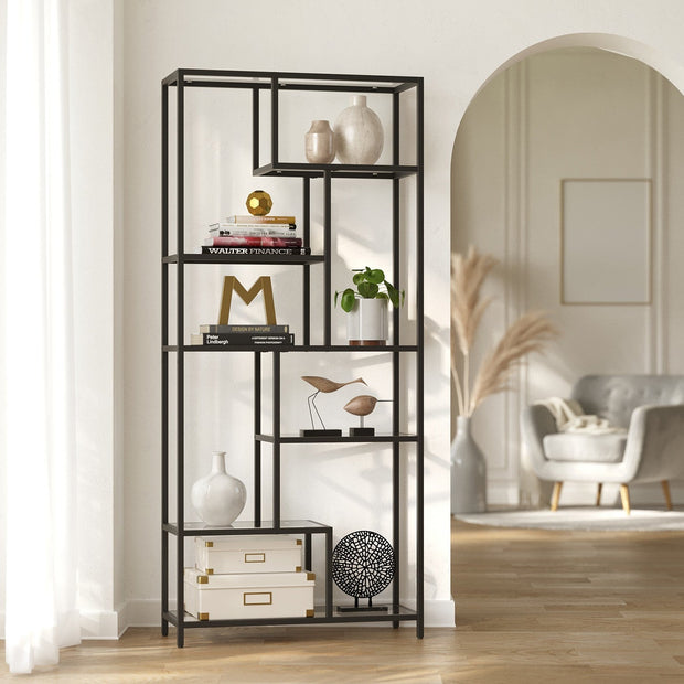 Tall Bookcase – Tempered Glass and Steel – Black – 6-Tier Shelving Unit for Living Room and Study