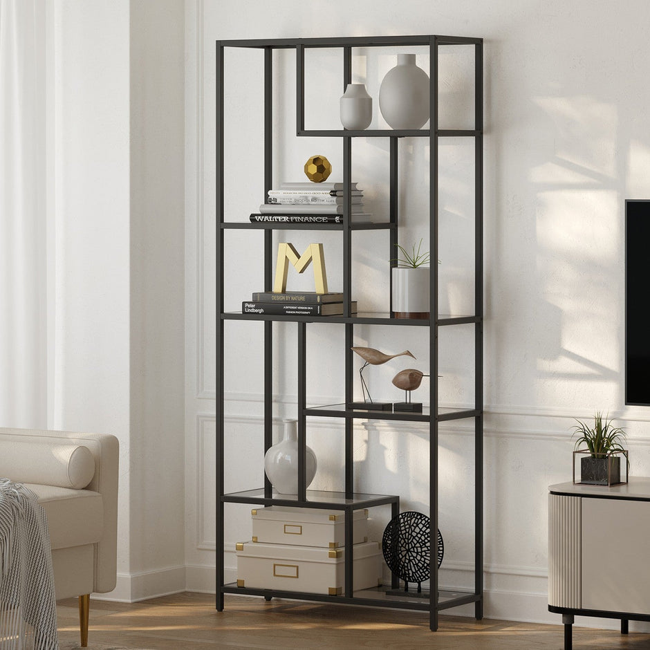 Tall Bookcase – Tempered Glass and Steel – Black – 6-Tier Shelving Unit for Living Room and Study