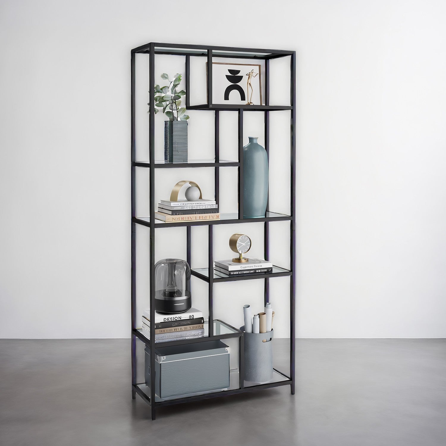 Tall Bookcase – Tempered Glass and Steel – Black – 6-Tier Shelving Unit for Living Room and Study