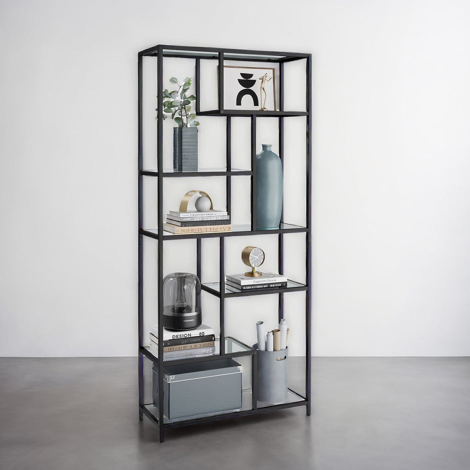 Tall Bookcase – Tempered Glass and Steel – Black – 6-Tier Shelving Unit for Living Room and Study