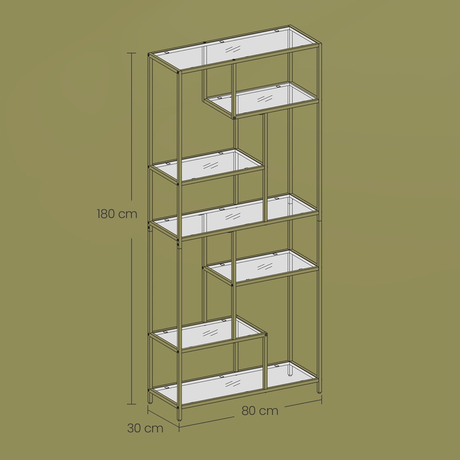 Tall Bookcase – Tempered Glass and Steel – Black – 6-Tier Shelving Unit for Living Room and Study