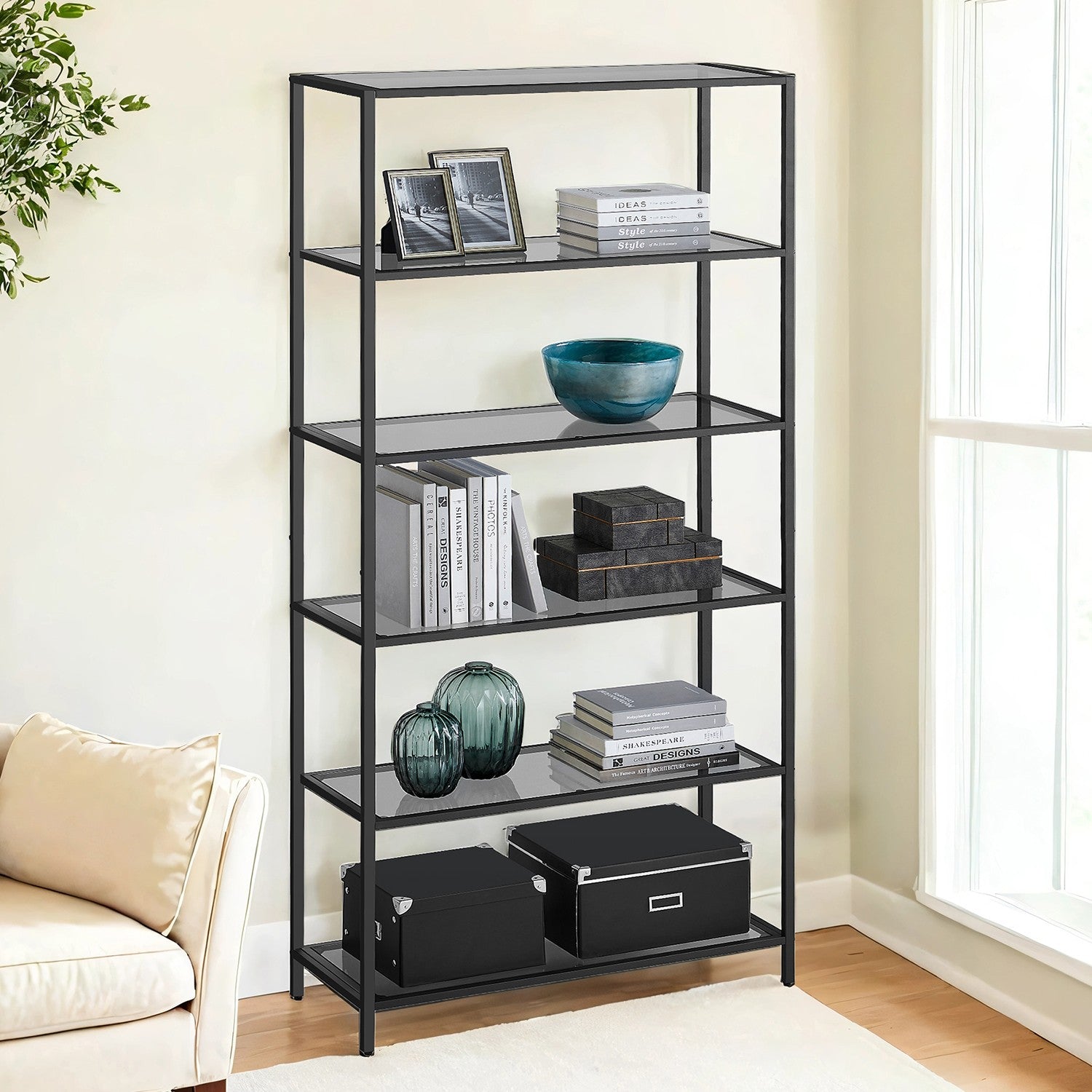 6-Tier Bookshelf – Tempered Glass – Clear – Easy Assembly Storage Rack