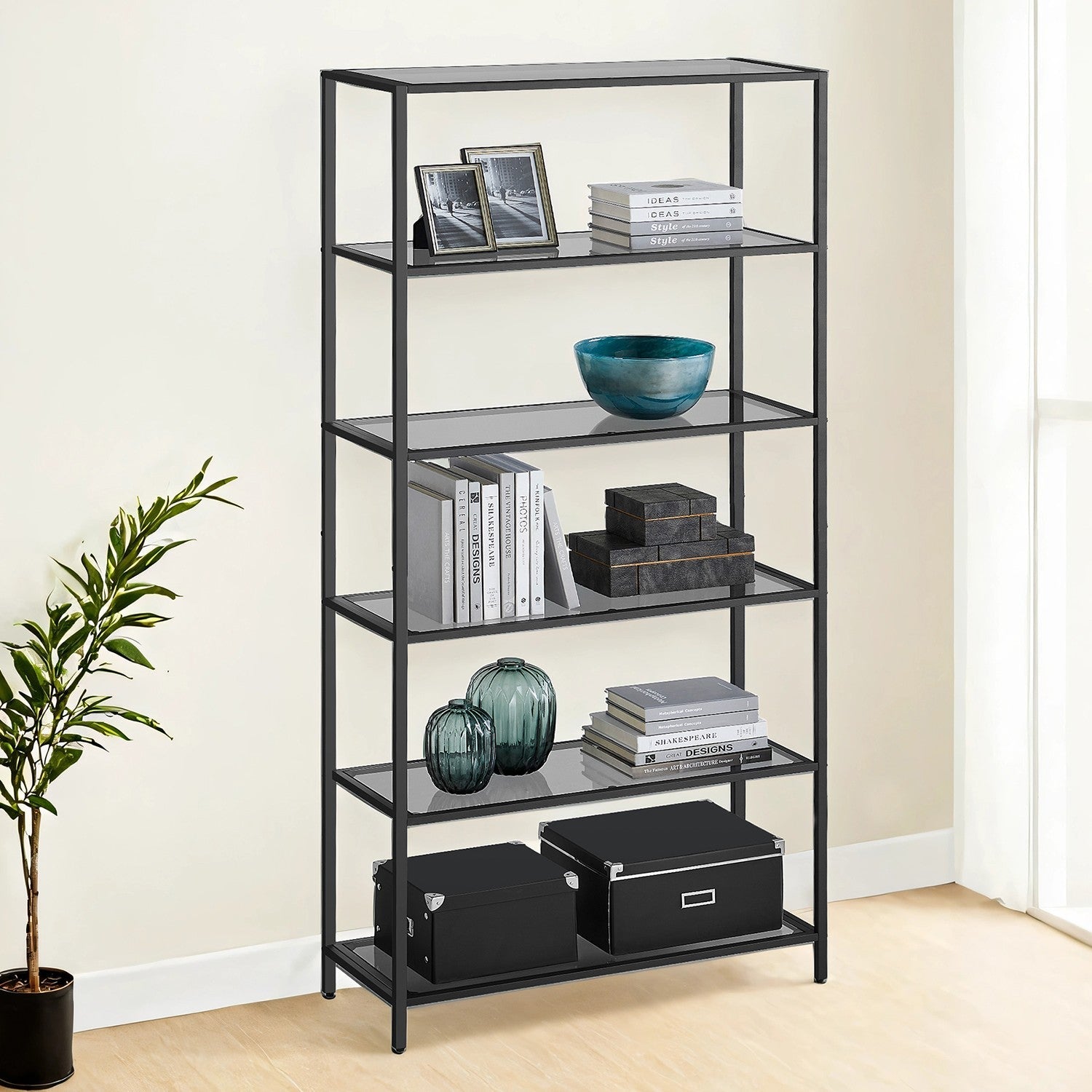 6-Tier Bookshelf – Tempered Glass – Clear – Easy Assembly Storage Rack