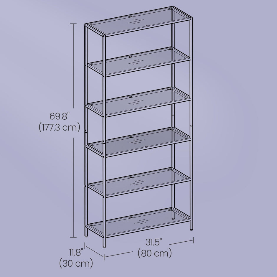 6-Tier Bookshelf – Tempered Glass – Clear – Easy Assembly Storage Rack