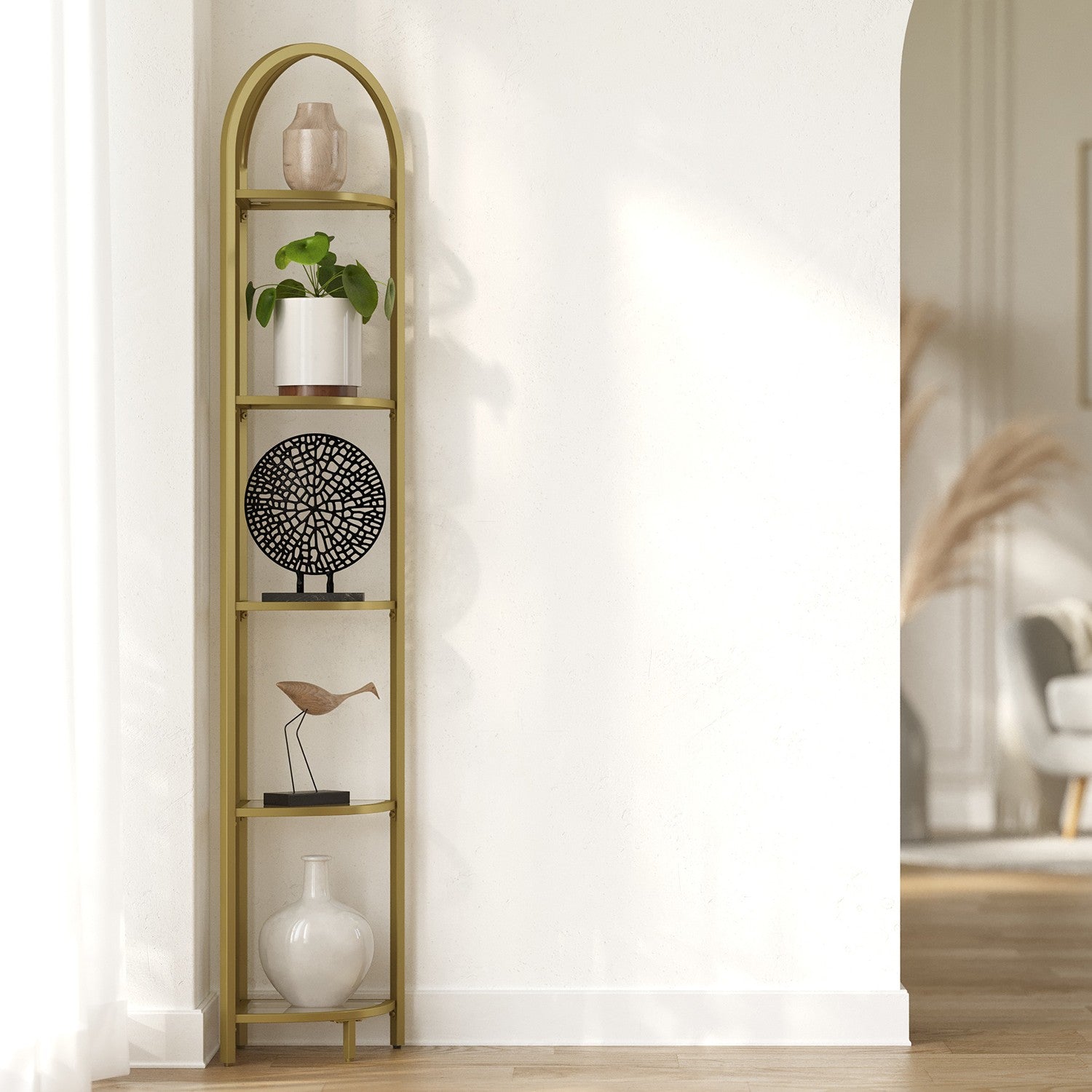 5-Tier Corner Shelf – Glass – Golden – Versatile Free Standing Storage Unit