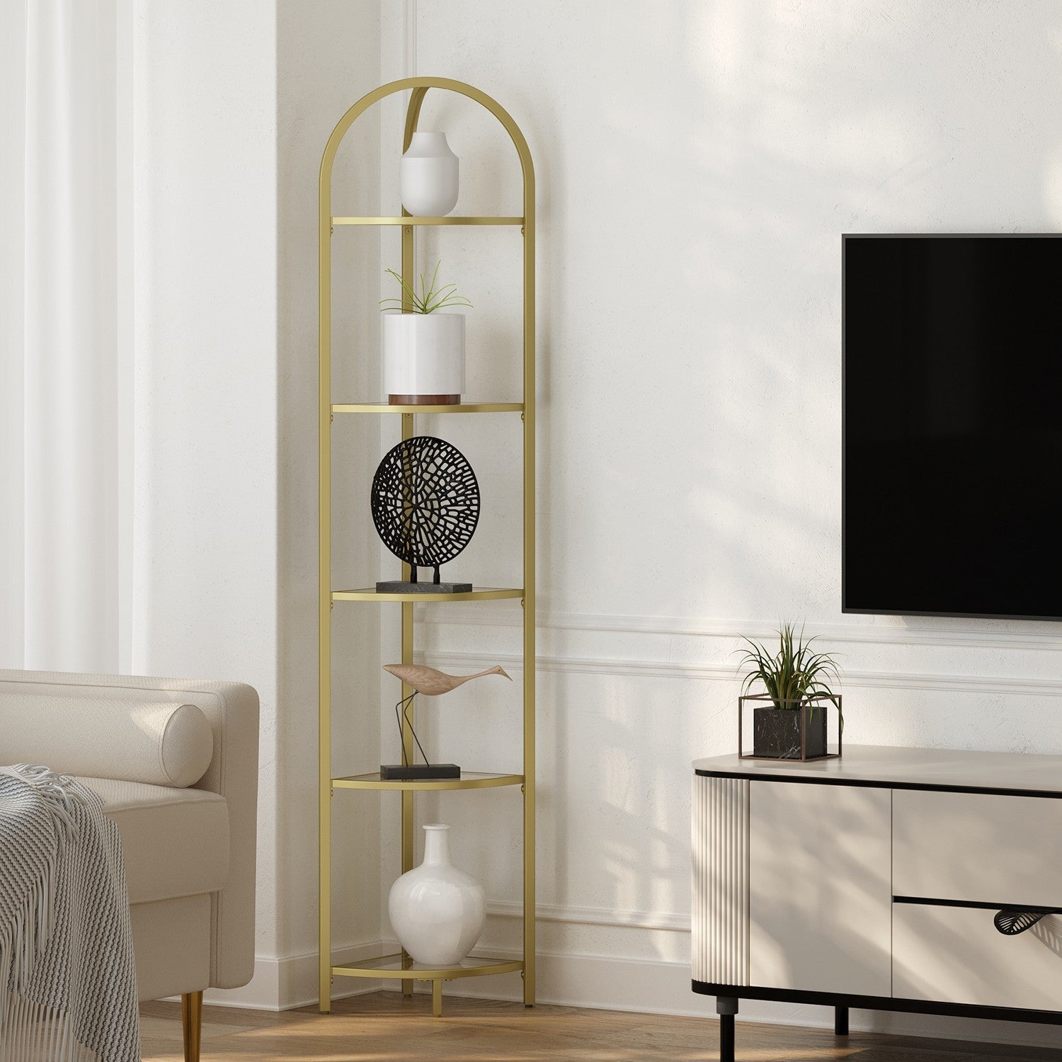 5-Tier Corner Shelf – Glass – Golden – Versatile Free Standing Storage Unit