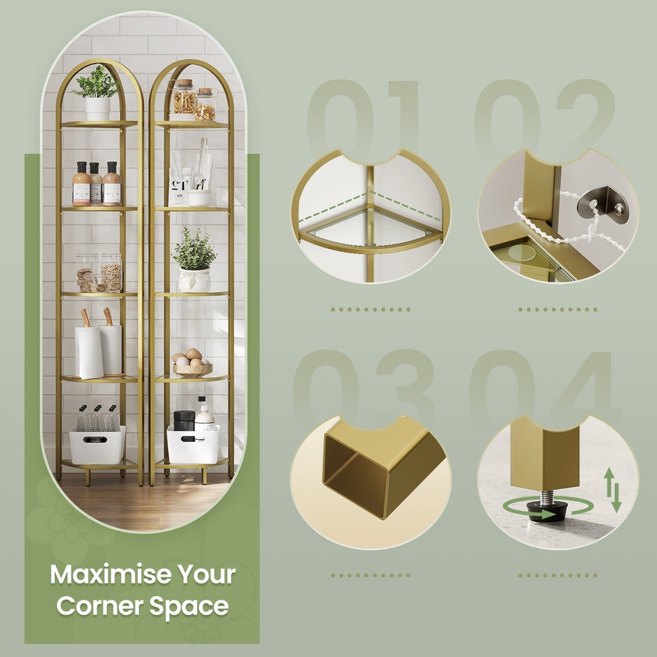 5-Tier Corner Shelf – Glass – Golden – Versatile Free Standing Storage Unit