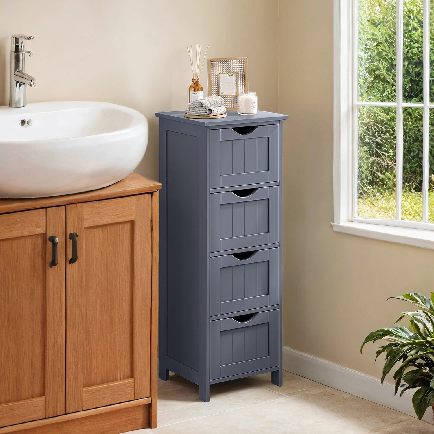 Bathroom Floor Storage Cabinet – Wood – Laurel Green – Freestanding Unit with 4 Drawers