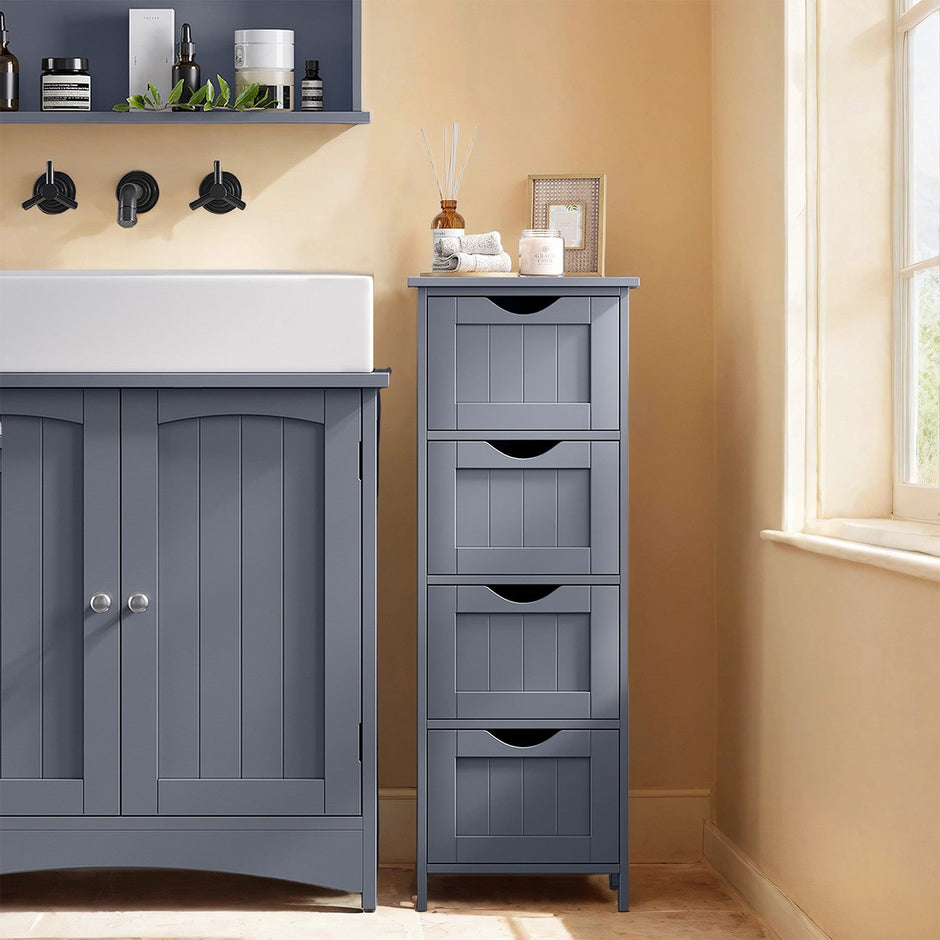Bathroom Floor Storage Cabinet – Wood – Laurel Green – Freestanding Unit with 4 Drawers