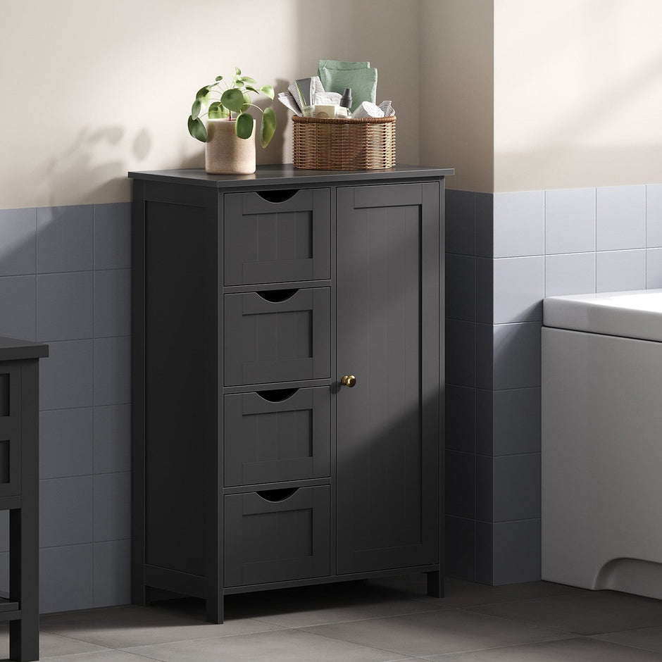 Bathroom Floor Storage Cabinet – Wood – Cloud White – Freestanding with 4 Drawers and 1 Door