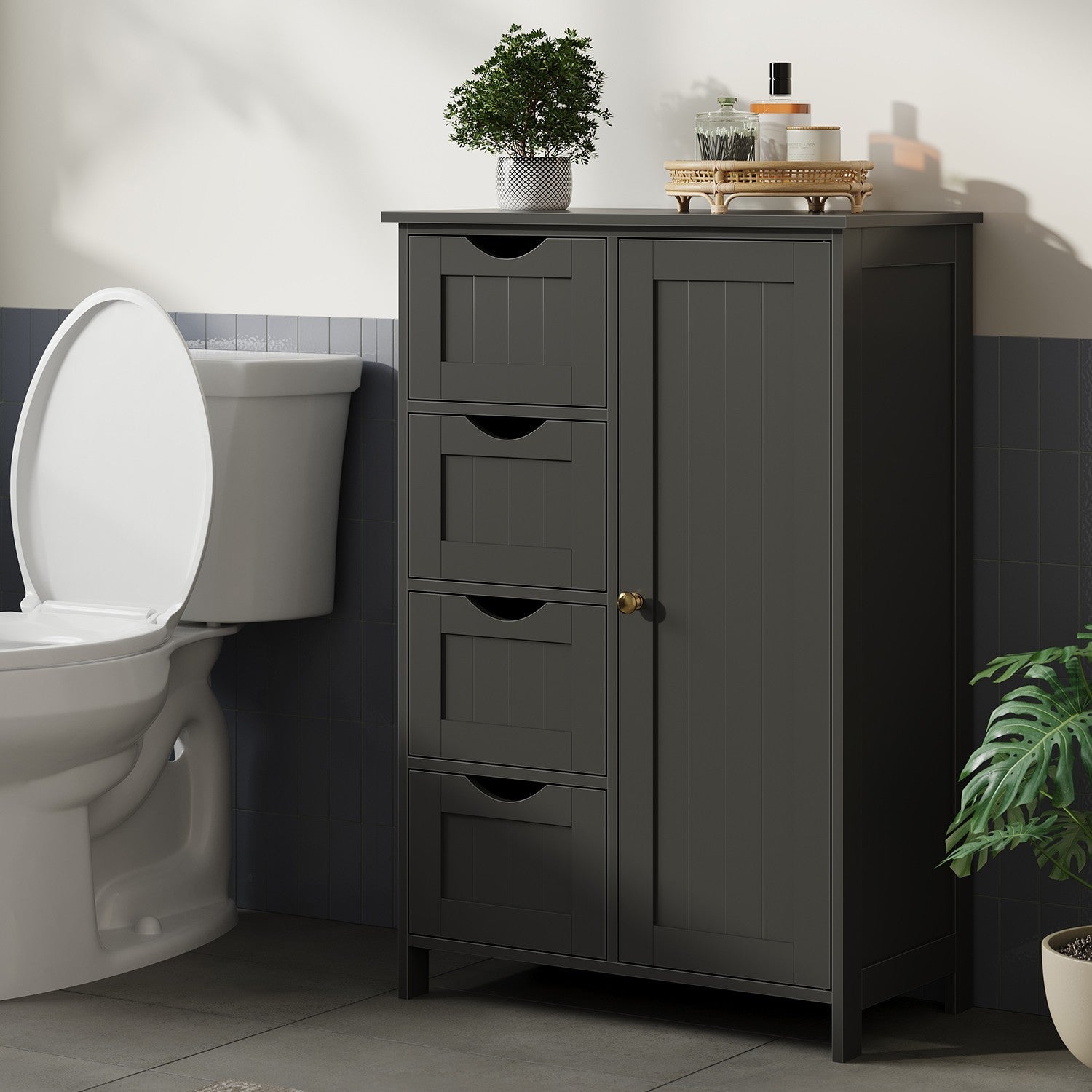 Bathroom Floor Storage Cabinet – Wood – Cloud White – Freestanding with 4 Drawers and 1 Door