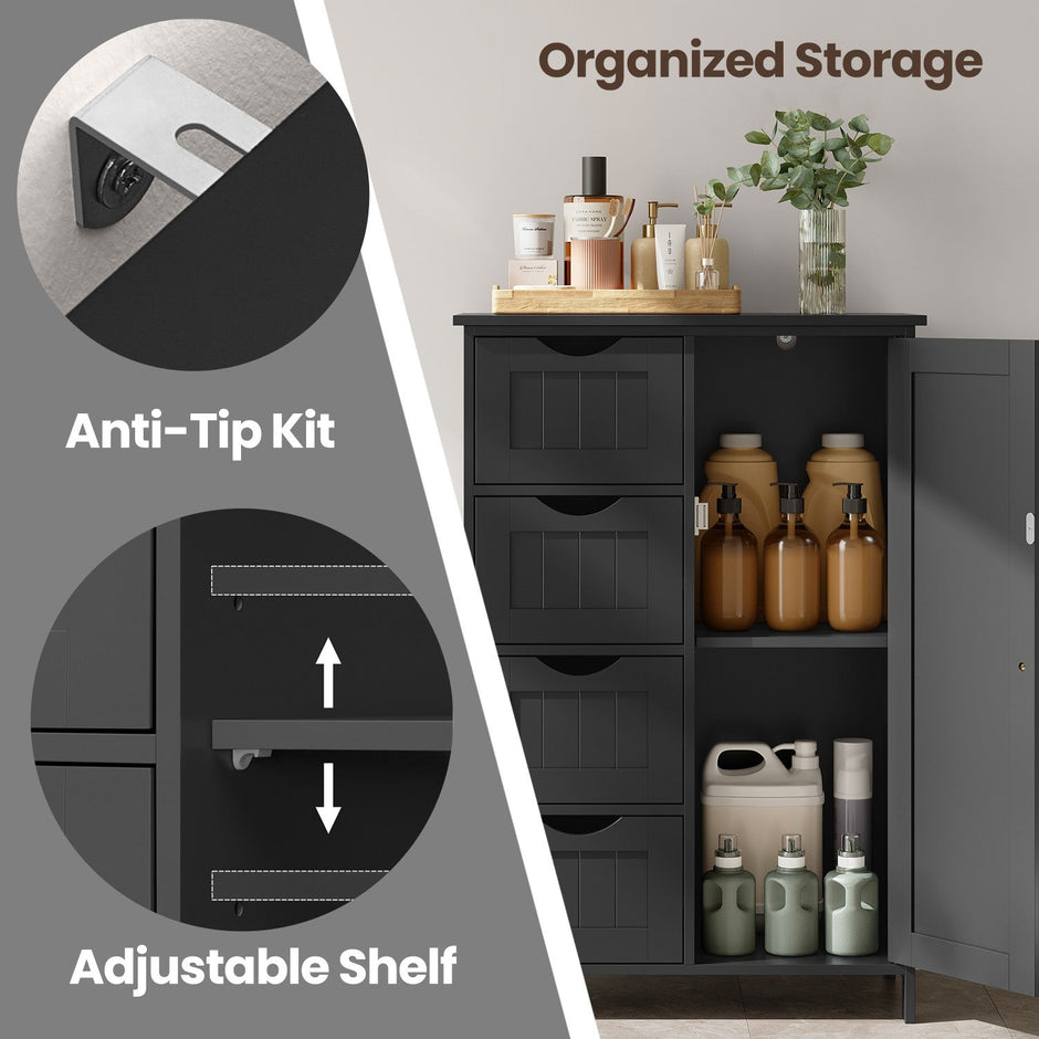 Bathroom Floor Storage Cabinet – Wood – Cloud White – Freestanding with 4 Drawers and 1 Door