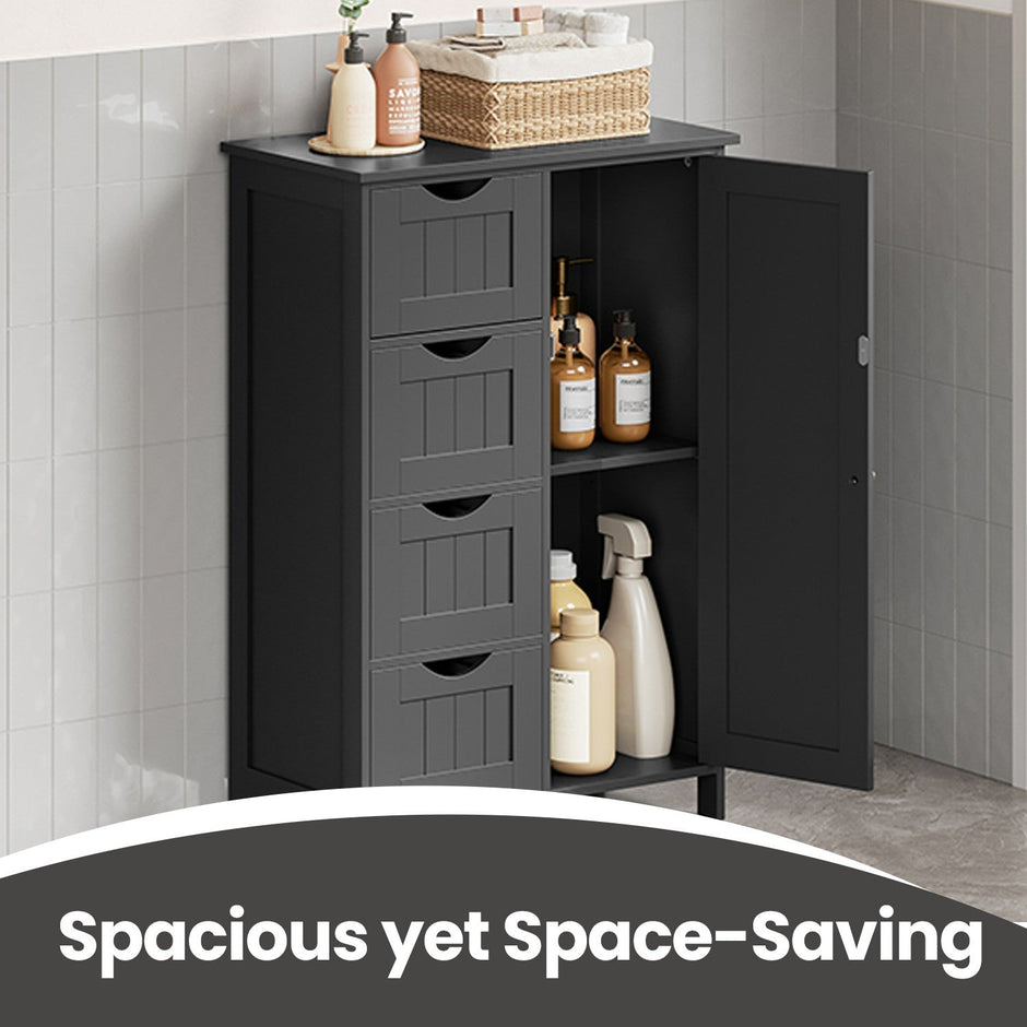 Bathroom Floor Storage Cabinet – Wood – Cloud White – Freestanding with 4 Drawers and 1 Door