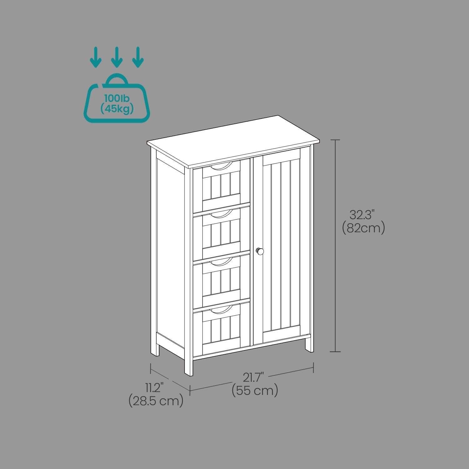 Bathroom Floor Storage Cabinet – Wood – Cloud White – Freestanding with 4 Drawers and 1 Door