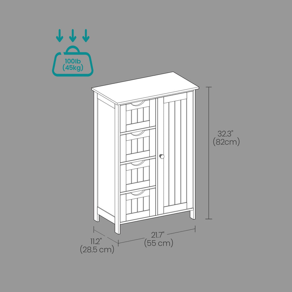 Bathroom Floor Storage Cabinet – Wood – Cloud White – Freestanding with 4 Drawers and 1 Door