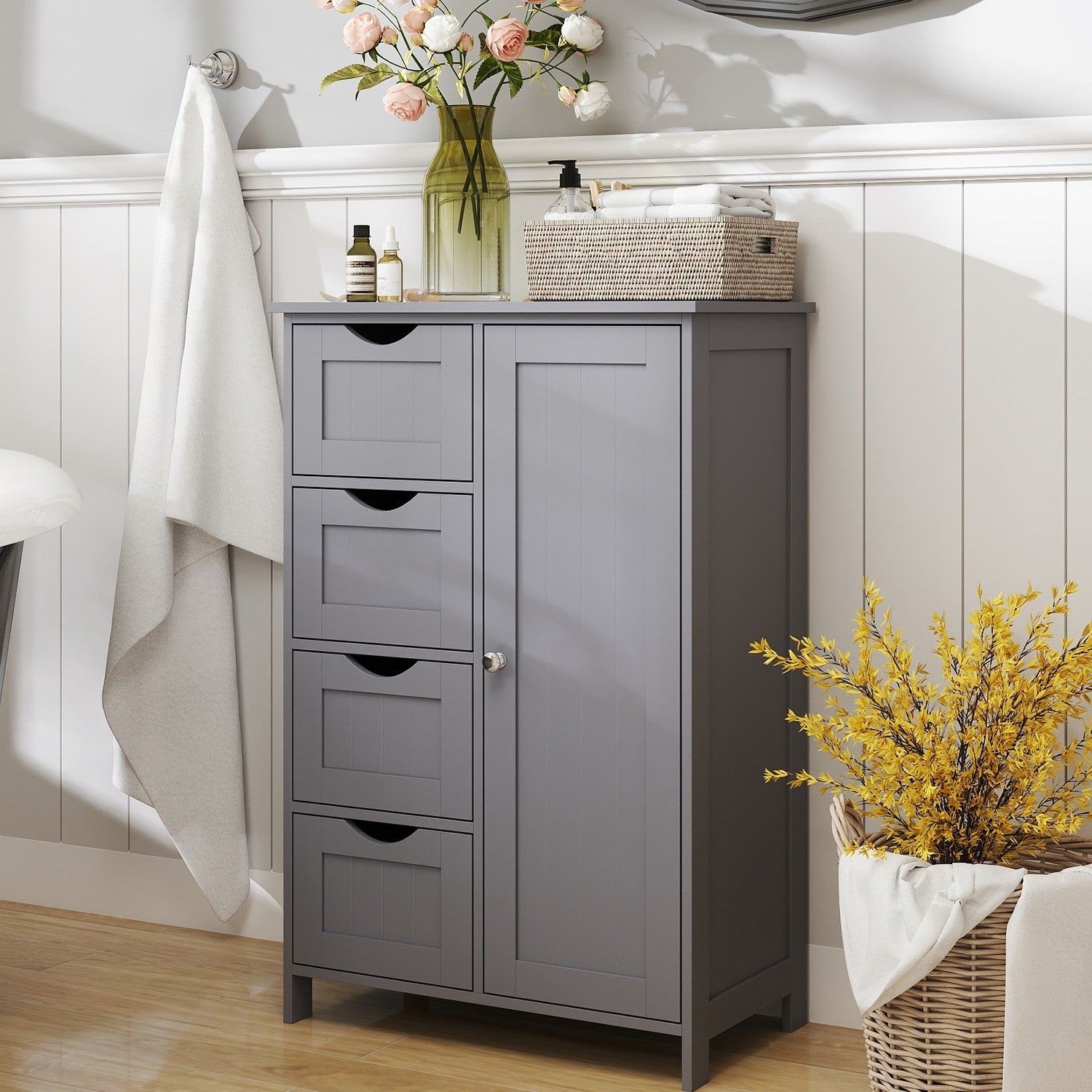 Bathroom Floor Storage Cabinet – Wood – Cloud White – Freestanding with 4 Drawers and 1 Door