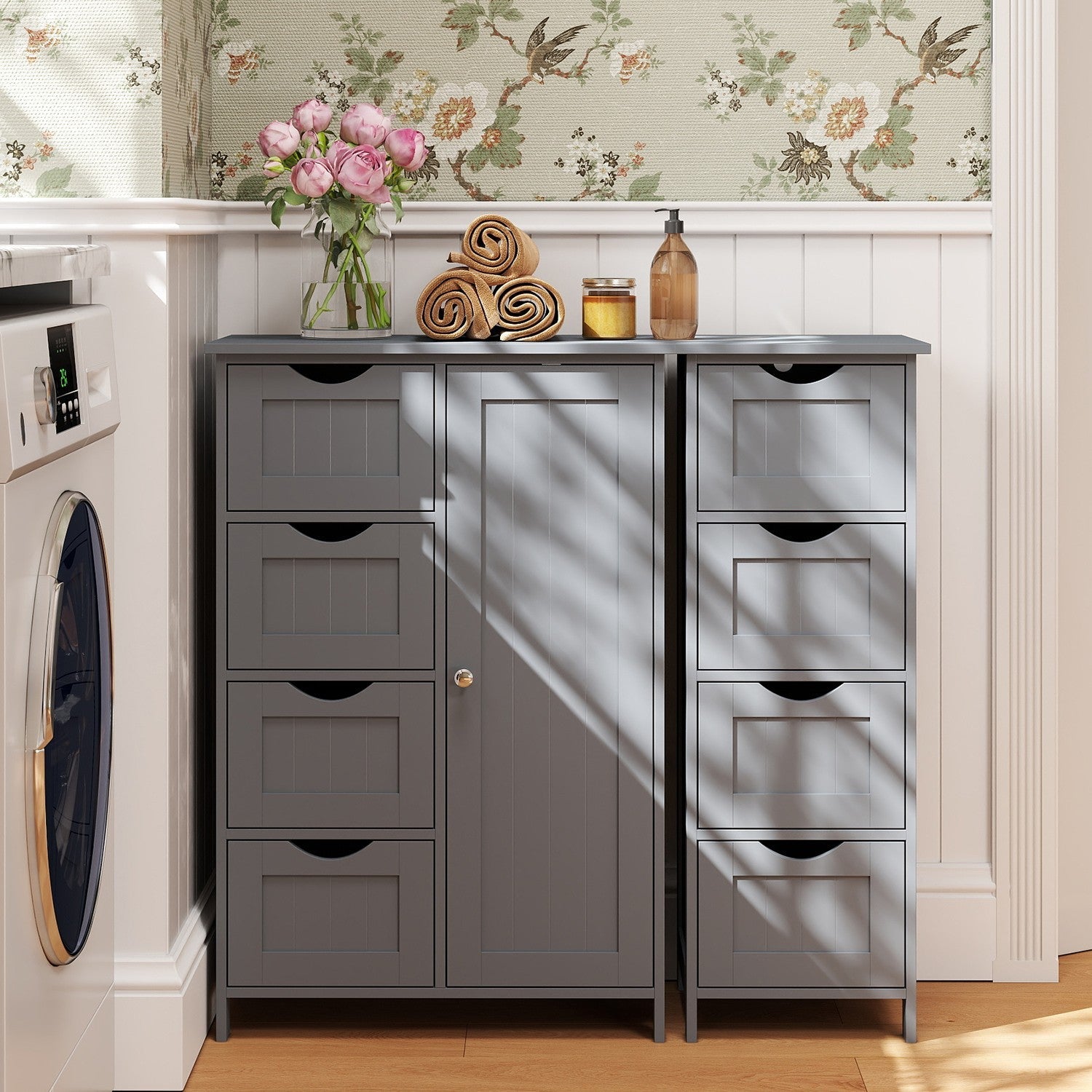 Bathroom Floor Storage Cabinet – Wood – Cloud White – Freestanding with 4 Drawers and 1 Door