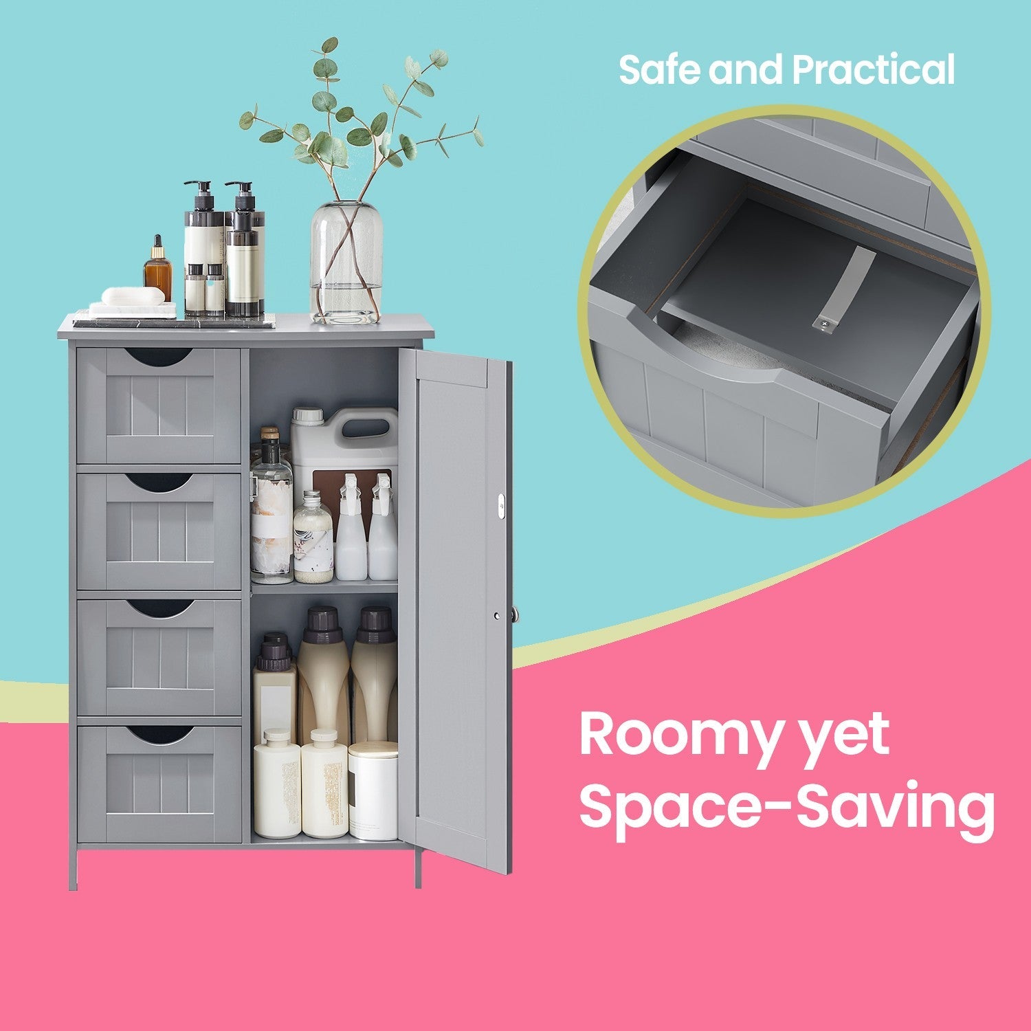 Bathroom Floor Storage Cabinet – Wood – Cloud White – Freestanding with 4 Drawers and 1 Door