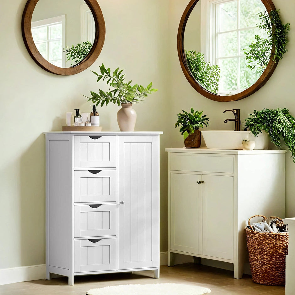 Bathroom Floor Storage Cabinet – MDF – White – 4 Drawers with Adjustable Shelf