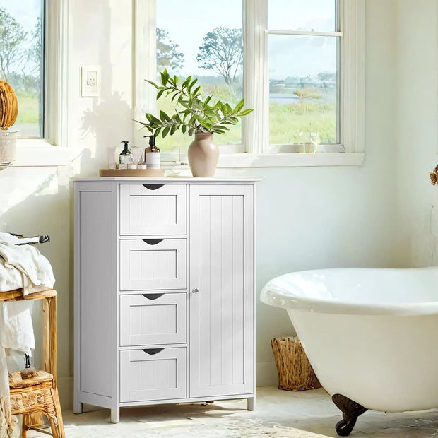 Bathroom Floor Storage Cabinet – MDF – White – 4 Drawers with Adjustable Shelf