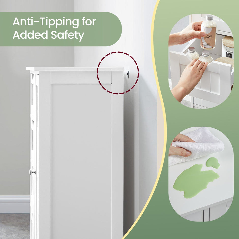 Bathroom Floor Storage Cabinet – MDF – White – 4 Drawers with Adjustable Shelf