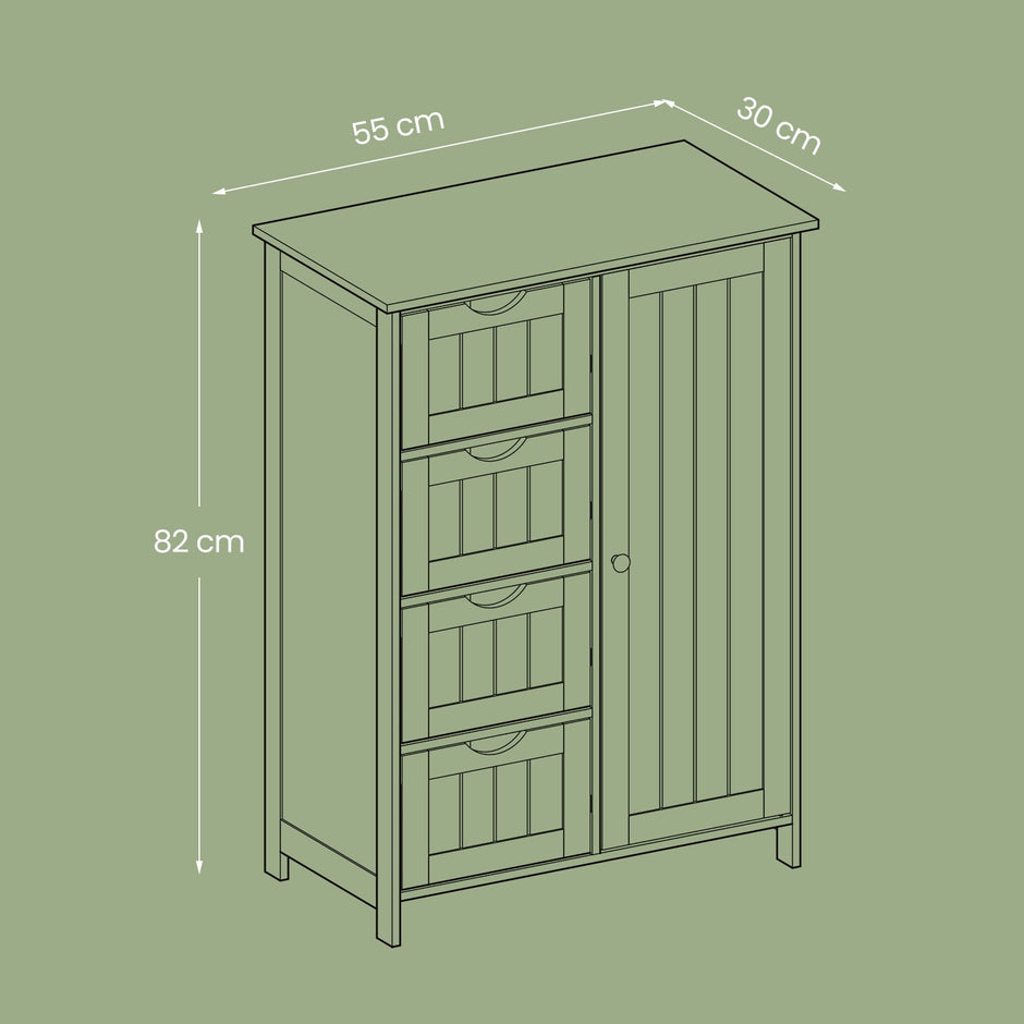 Bathroom Floor Storage Cabinet – MDF – White – 4 Drawers with Adjustable Shelf