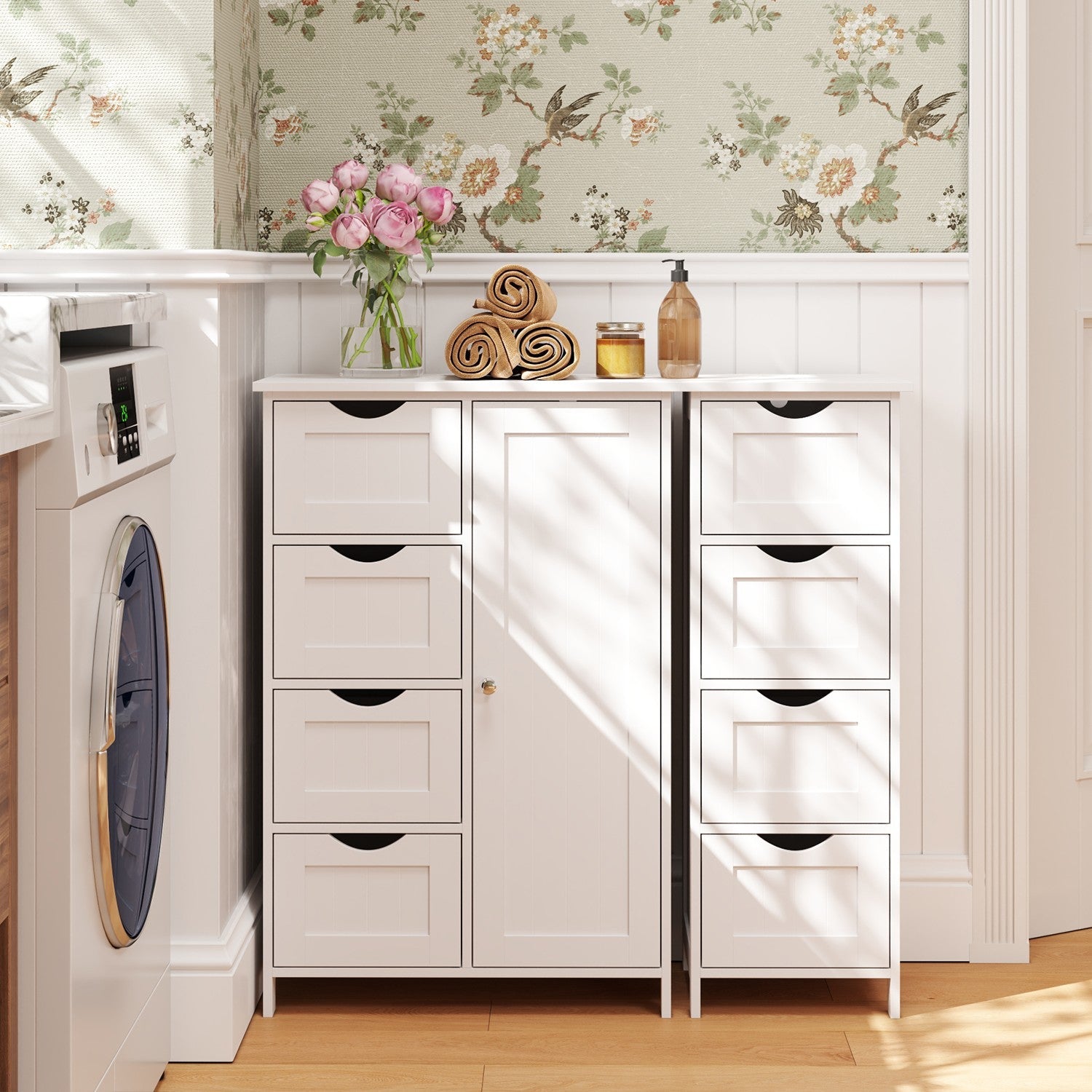 Freestanding Storage Cabinet – Wooden – White – Slim Design with 4 Drawers