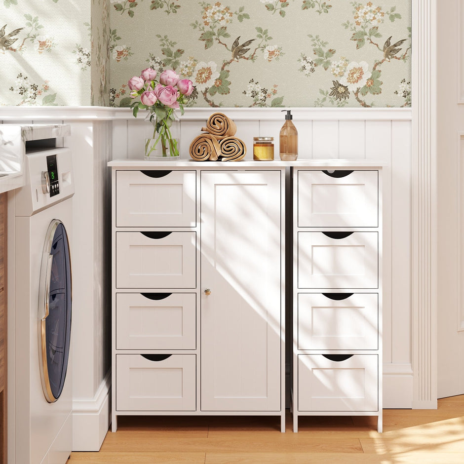 Freestanding Storage Cabinet – Wooden – White – Slim Design with 4 Drawers