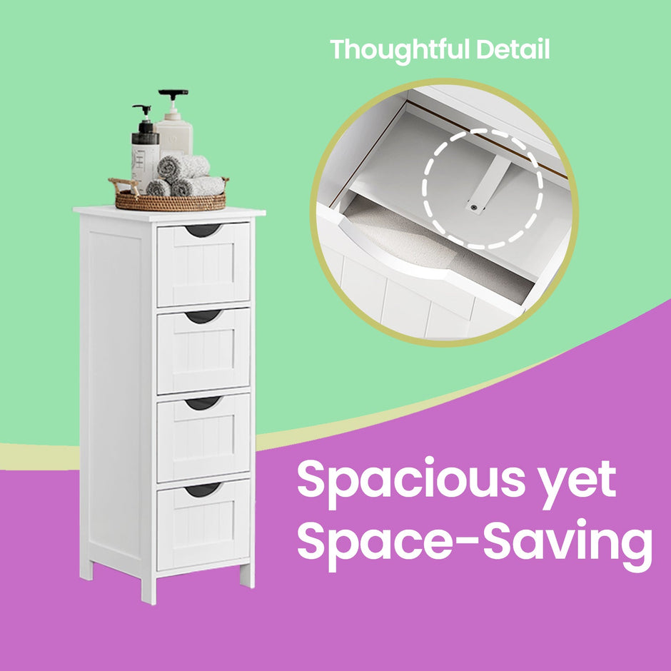 Freestanding Storage Cabinet – Wooden – White – Slim Design with 4 Drawers