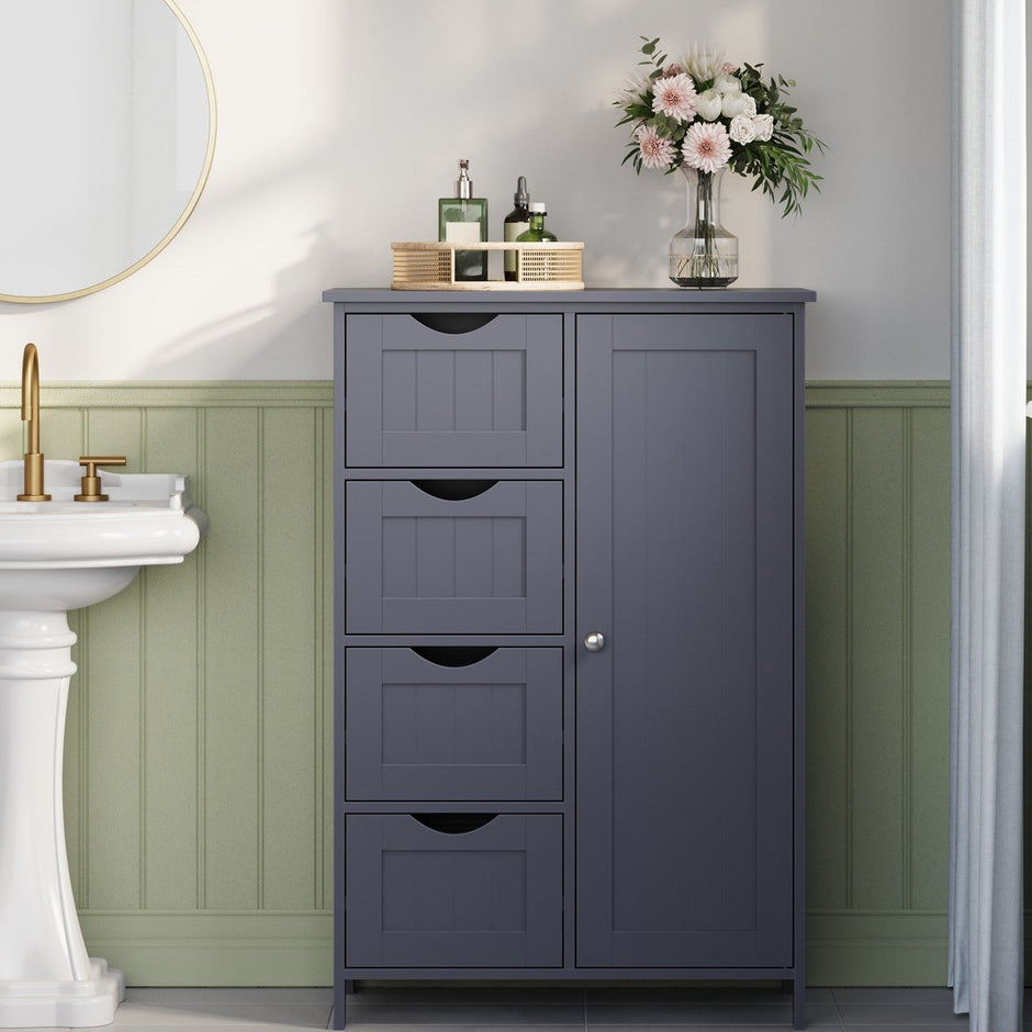Bathroom Floor Storage Cabinet – Wood – Cloud White – Freestanding with 4 Drawers and 1 Door