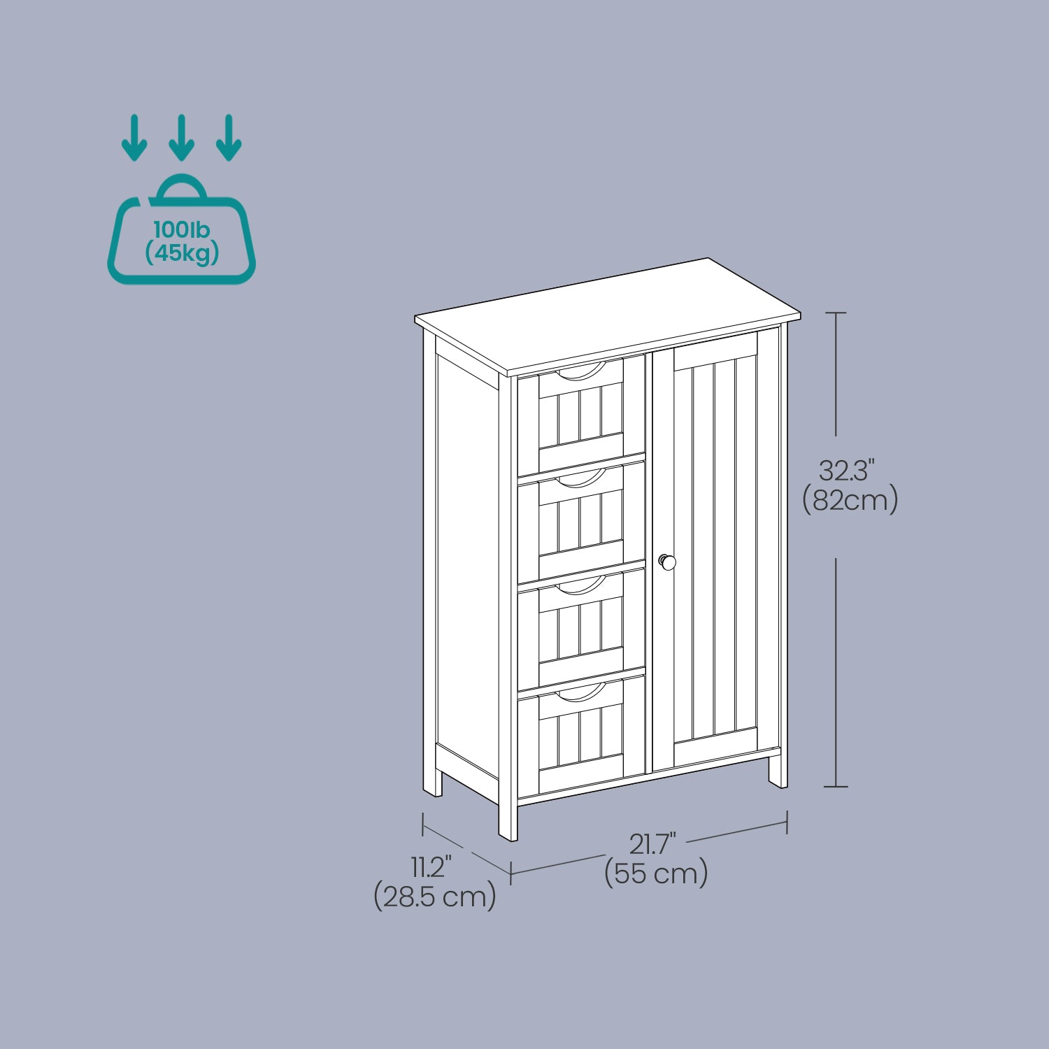 Bathroom Floor Storage Cabinet – Wood – Cloud White – Freestanding with 4 Drawers and 1 Door