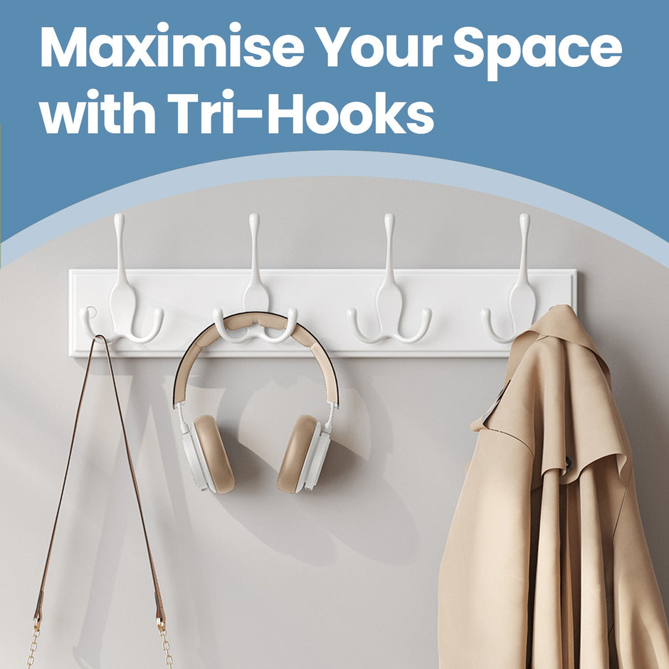 Wall Mounted Coat Rack – Metal – White – 4 Tri-Hooks for Entryway, Bathroom, Closet