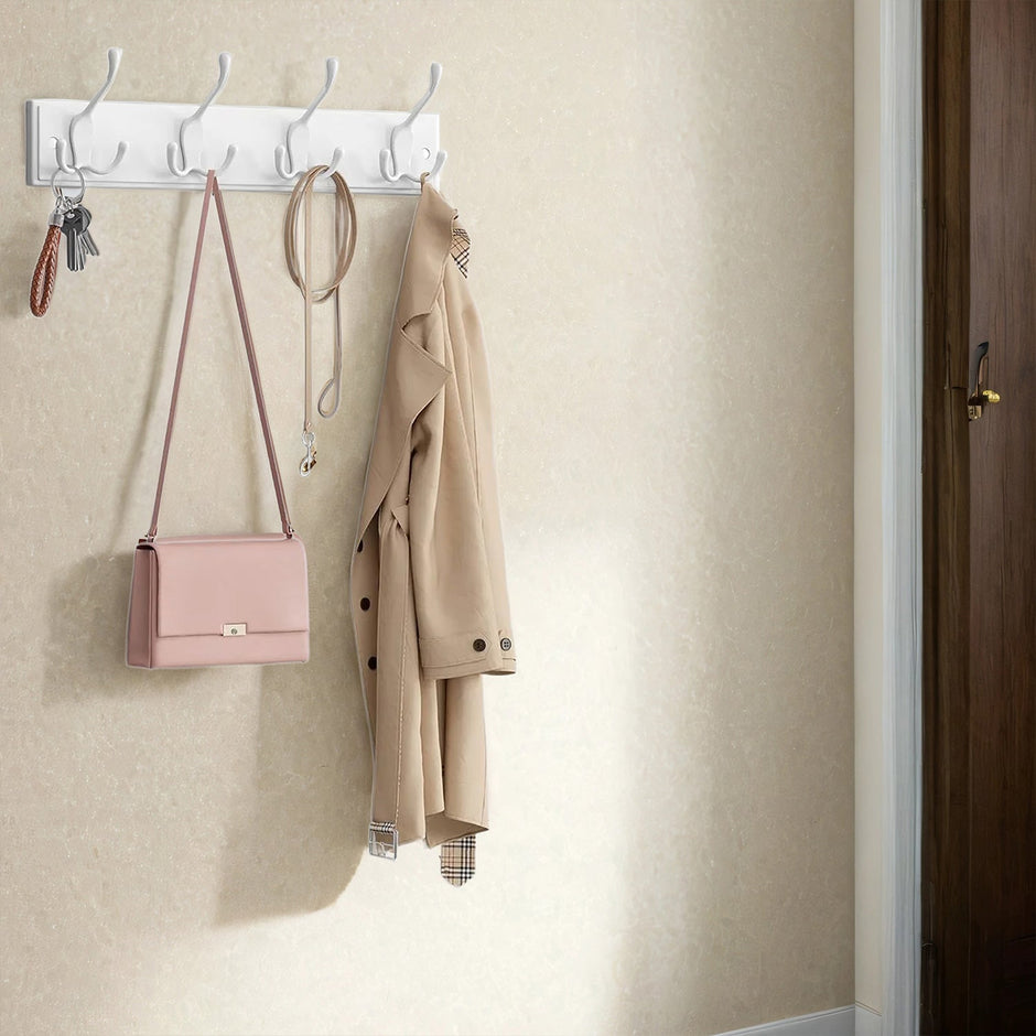 Wall Mounted Coat Rack – Metal – White – 4 Tri-Hooks for Entryway, Bathroom, Closet