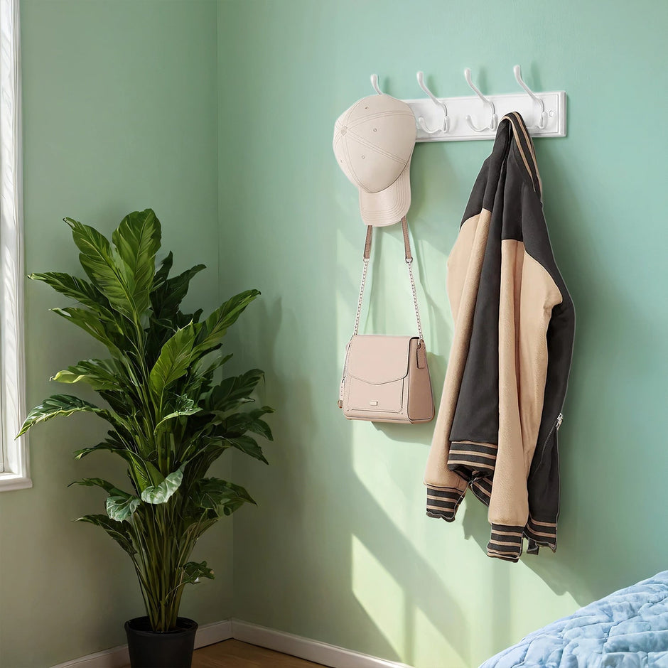 Wall Mounted Coat Rack – Metal – White – 4 Tri-Hooks for Entryway, Bathroom, Closet
