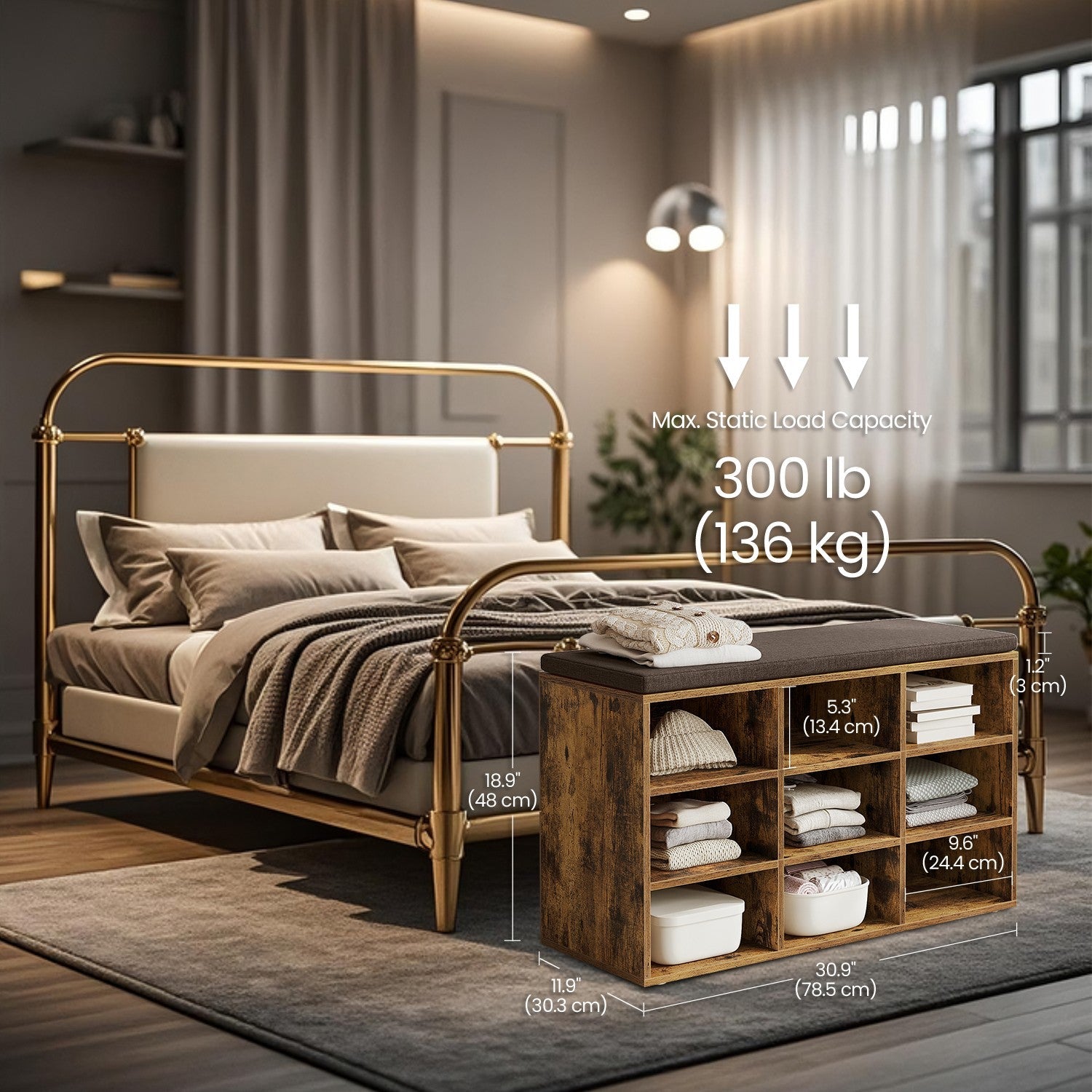Shoe Bench – Wood – Neutral Color – Padded Seat with 9 Adjustable Compartments