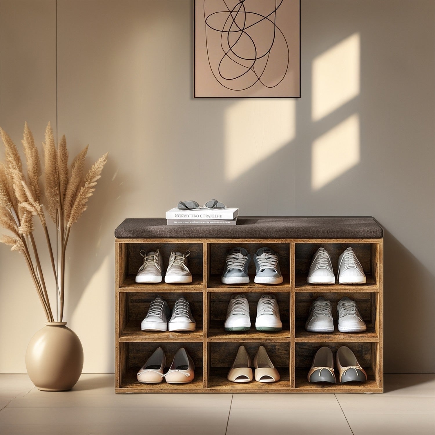 Shoe Bench – Wood – Neutral Color – Padded Seat with 9 Adjustable Compartments