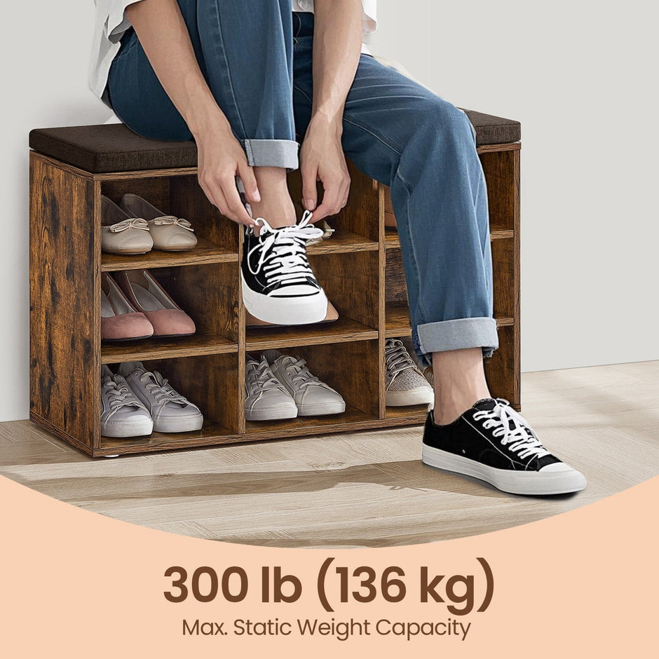 Shoe Bench – Wood – Neutral Color – Padded Seat with 9 Adjustable Compartments