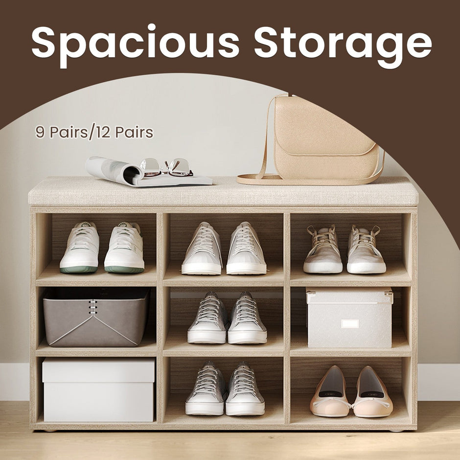 Shoe Bench – Wood – Neutral Color – Padded Seat with 9 Adjustable Compartments