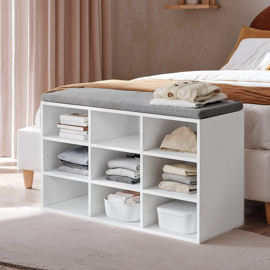 Shoe Bench – Wood – Neutral Color – Padded Seat with 9 Adjustable Compartments