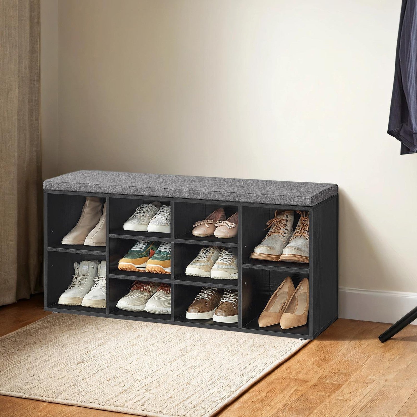 Shoe Bench – Wood – Natural Finish – 10-Compartment Storage with Padded Seat and Adjustable Shelves