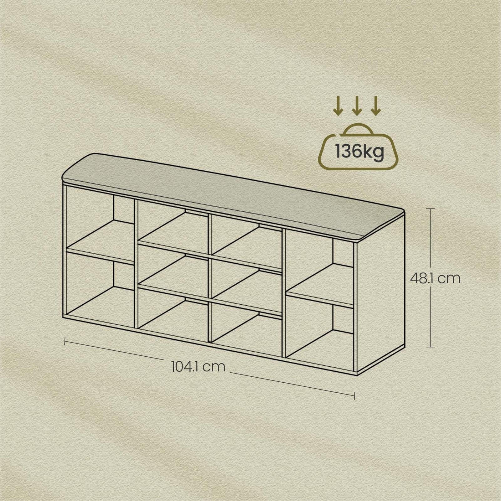 Shoe Bench – Wood – Natural Finish – 10-Compartment Storage with Padded Seat and Adjustable Shelves