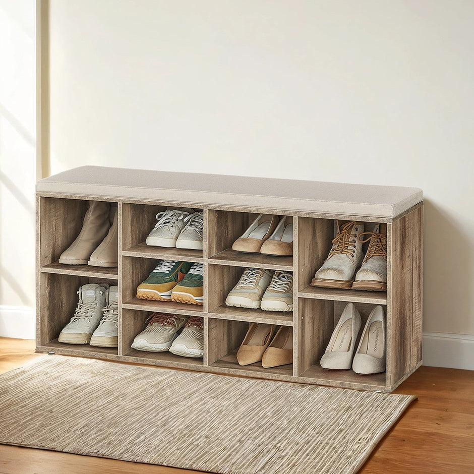 Shoe Bench – Wood – Natural Finish – 10-Compartment Storage with Padded Seat and Adjustable Shelves