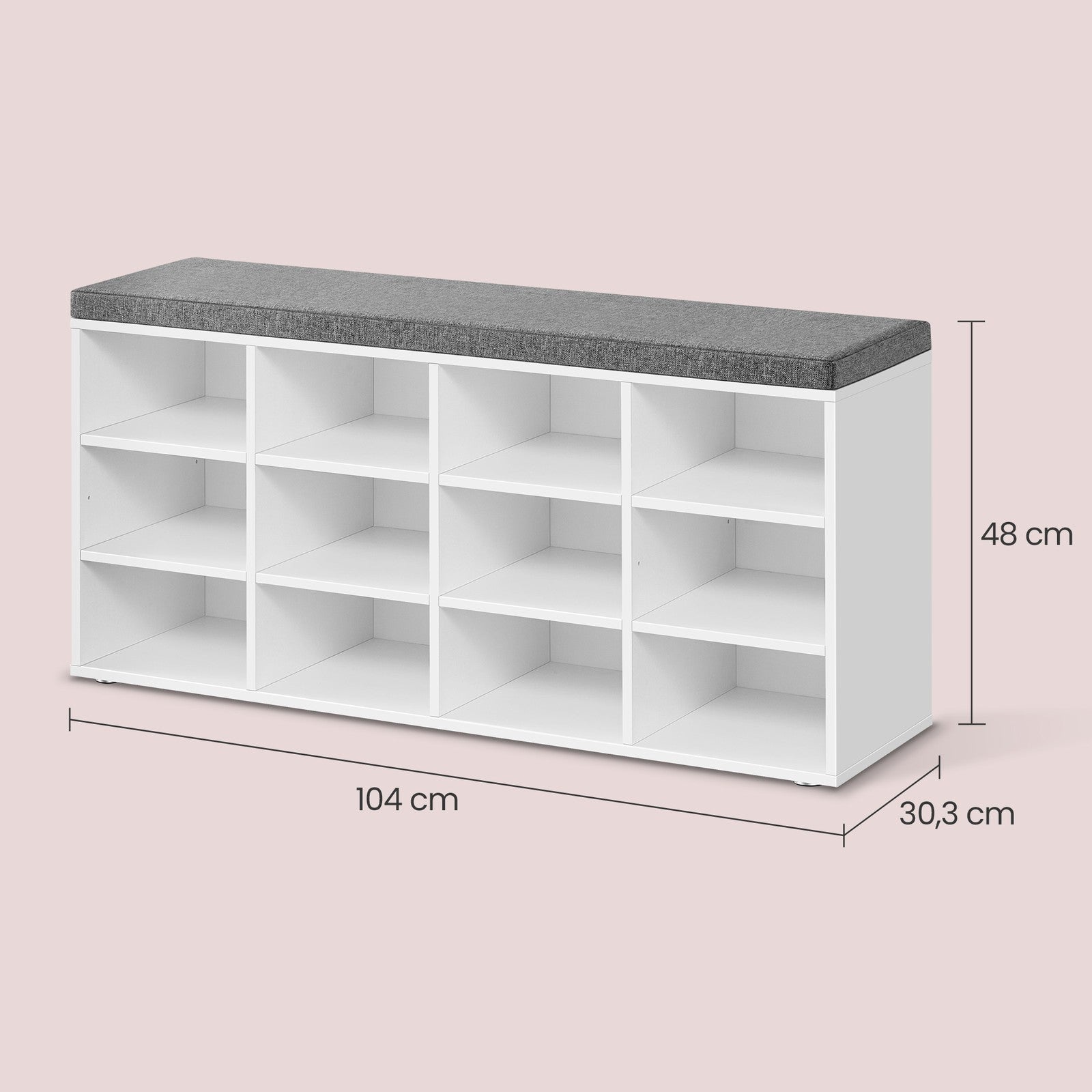 Shoe Storage Bench – Wood – Neutral Color – 12 Compartments, Adjustable Shelves, Padded Seat