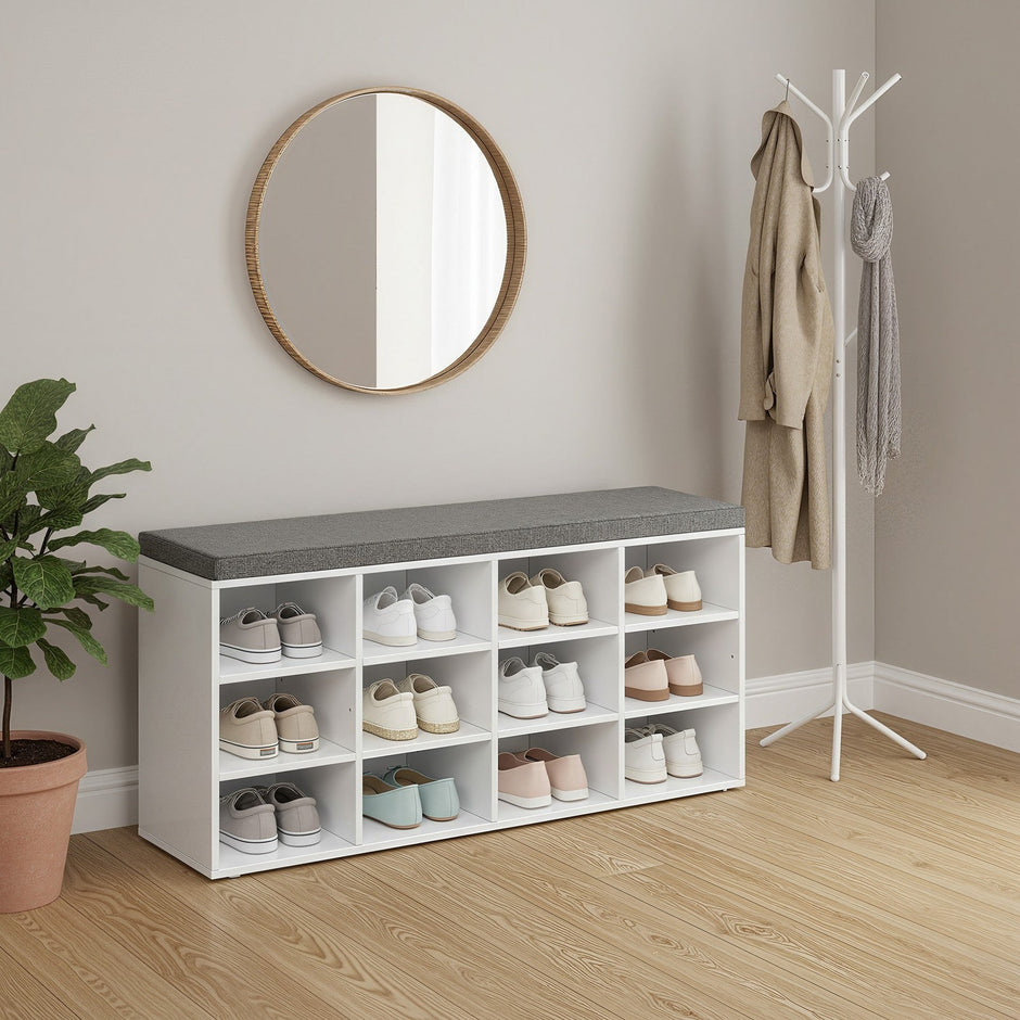 Shoe Storage Bench – Wood – Neutral Color – 12 Compartments, Adjustable Shelves, Padded Seat